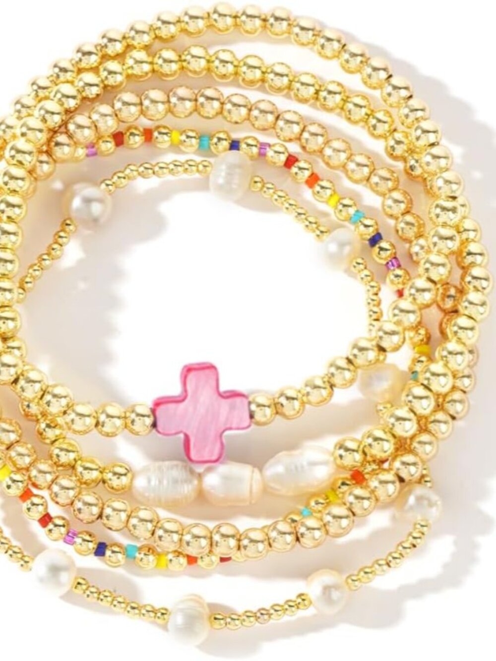 14K Gold Pearl Beaded Cross Bracelets Stack Set for Women,Stretch Boho Colorful